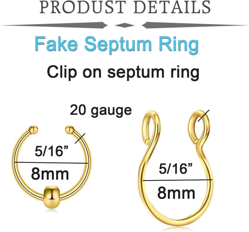 QWALIT Fake Nose Rings & Septum Piercings - Clip On, Non-Piercing, Faux Nose Rings & Hoops for Women & Men - Image 2